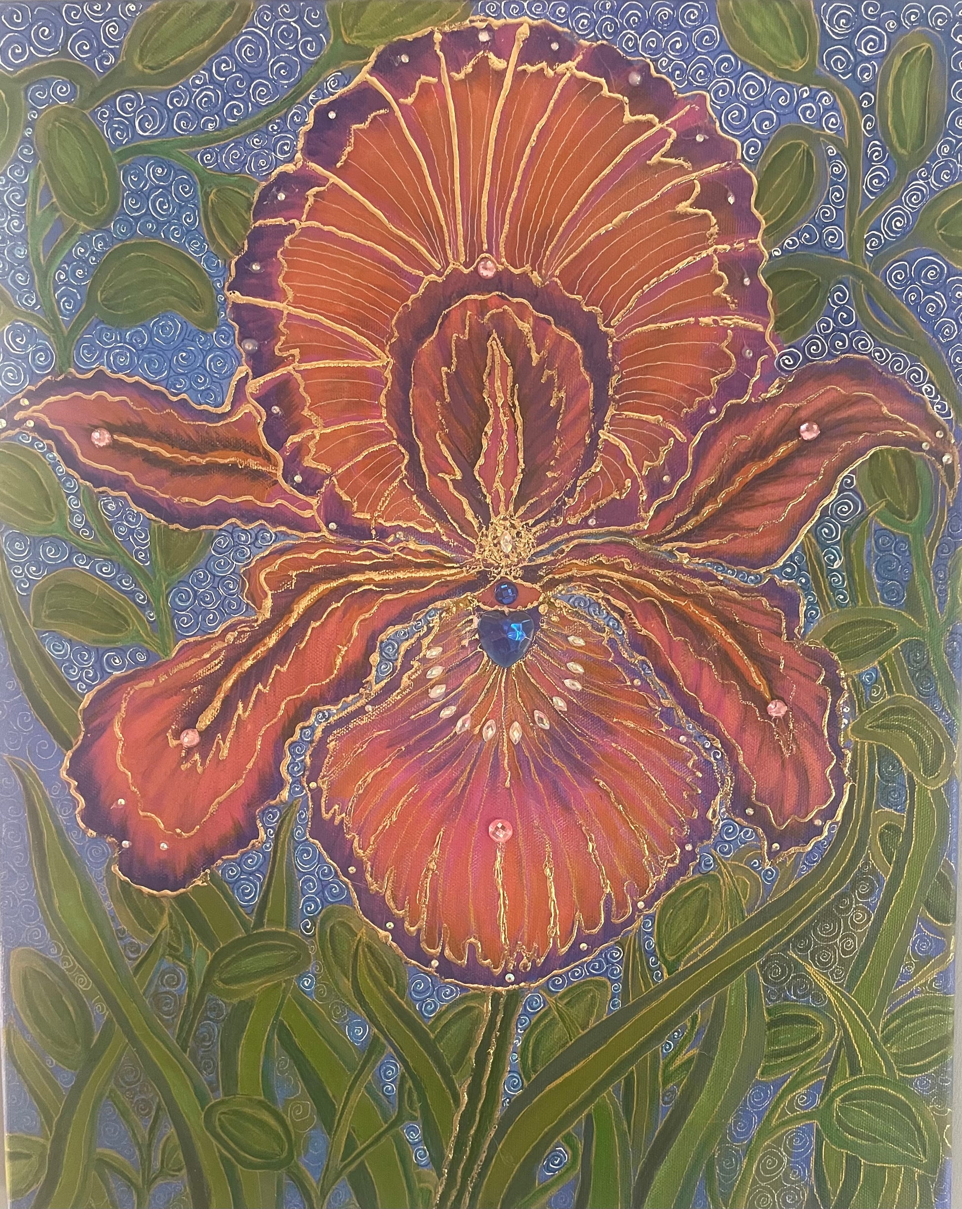 Majestic Iris - Mixed Media, acrylic and jewels and crystals  